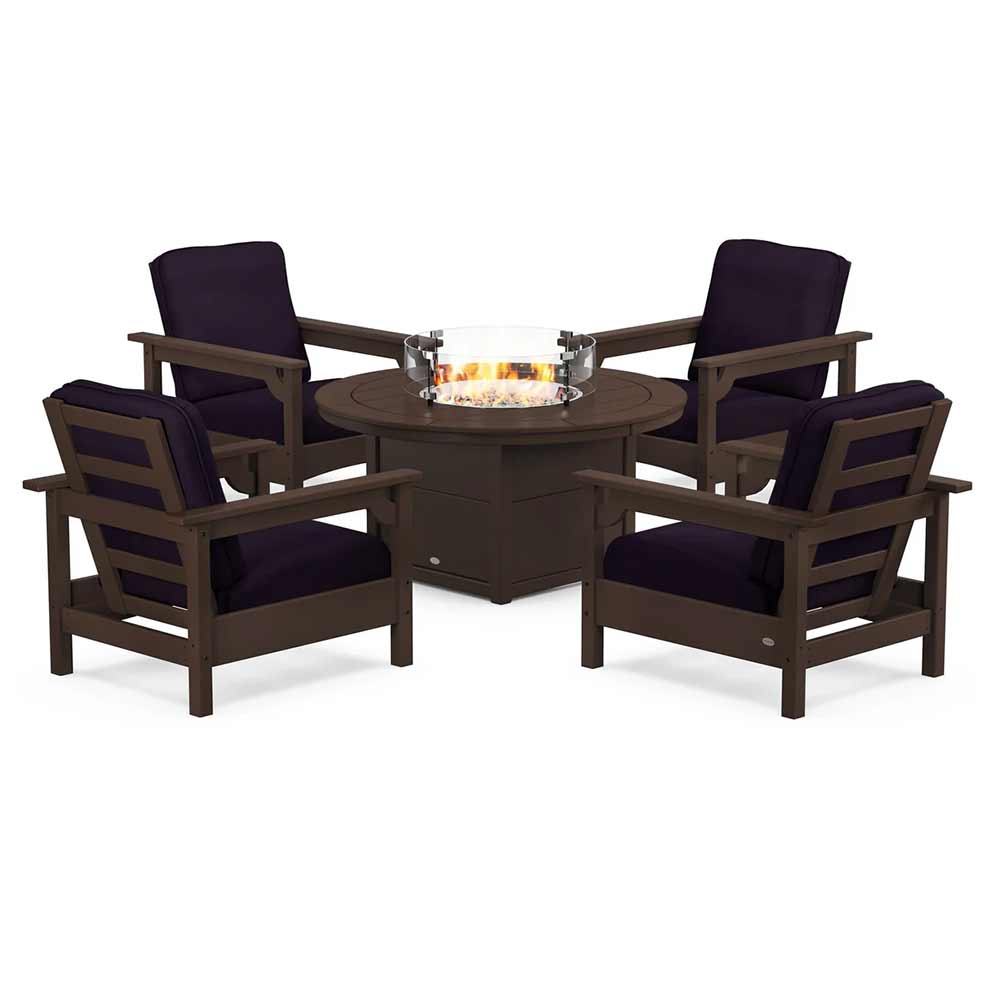 POLYWOOD® Fire Table Mahogany / Navy Linen POLYWOOD® - Club 5-Piece Conversation Set with Fire Pit Table - PWS416