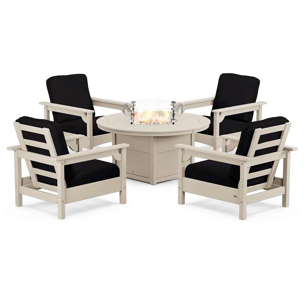 POLYWOOD® Fire Table Sand / Midnight Linen POLYWOOD® - Club 5-Piece Conversation Set with Fire Pit Table - PWS416