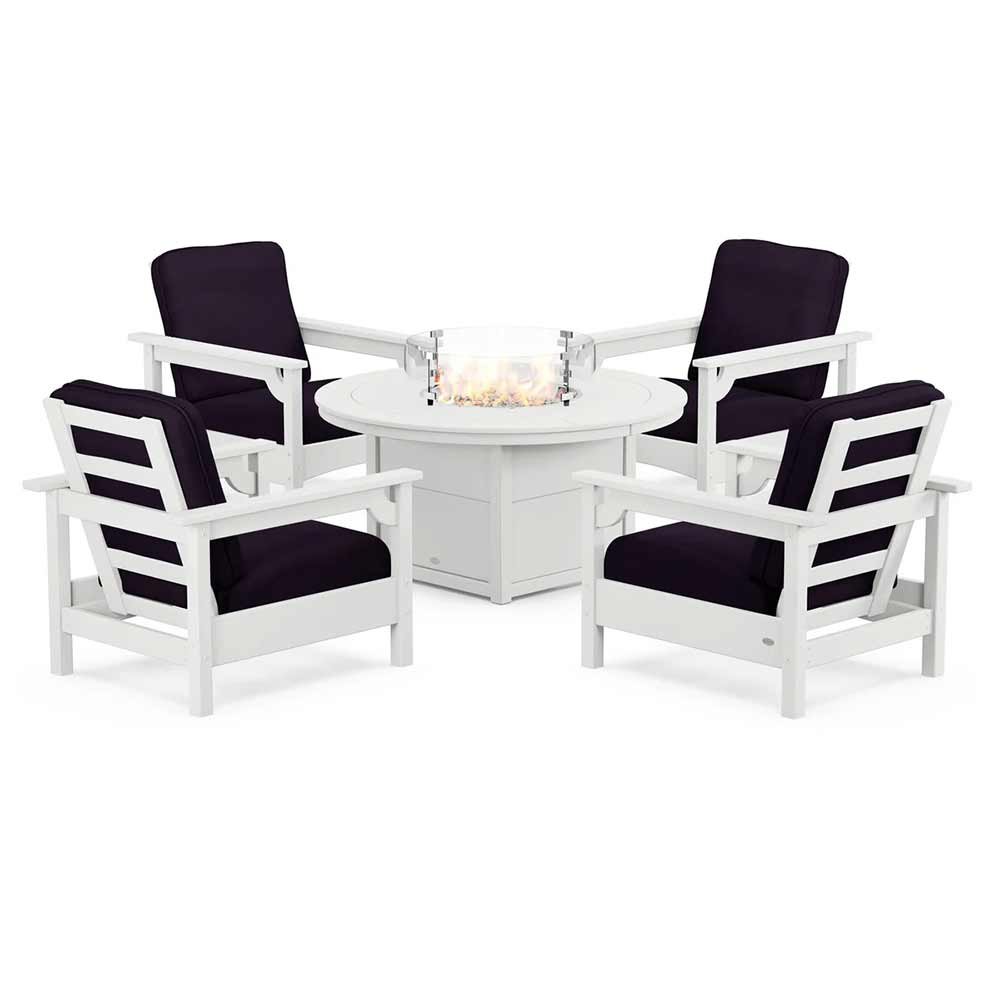 POLYWOOD® Fire Table White / Navy Linen POLYWOOD® - Club 5-Piece Conversation Set with Fire Pit Table - PWS416