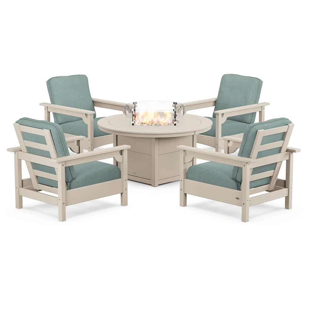 POLYWOOD® Fire Table Sand / Glacier Spa POLYWOOD® - Club 5-Piece Conversation Set with Fire Pit Table - PWS416