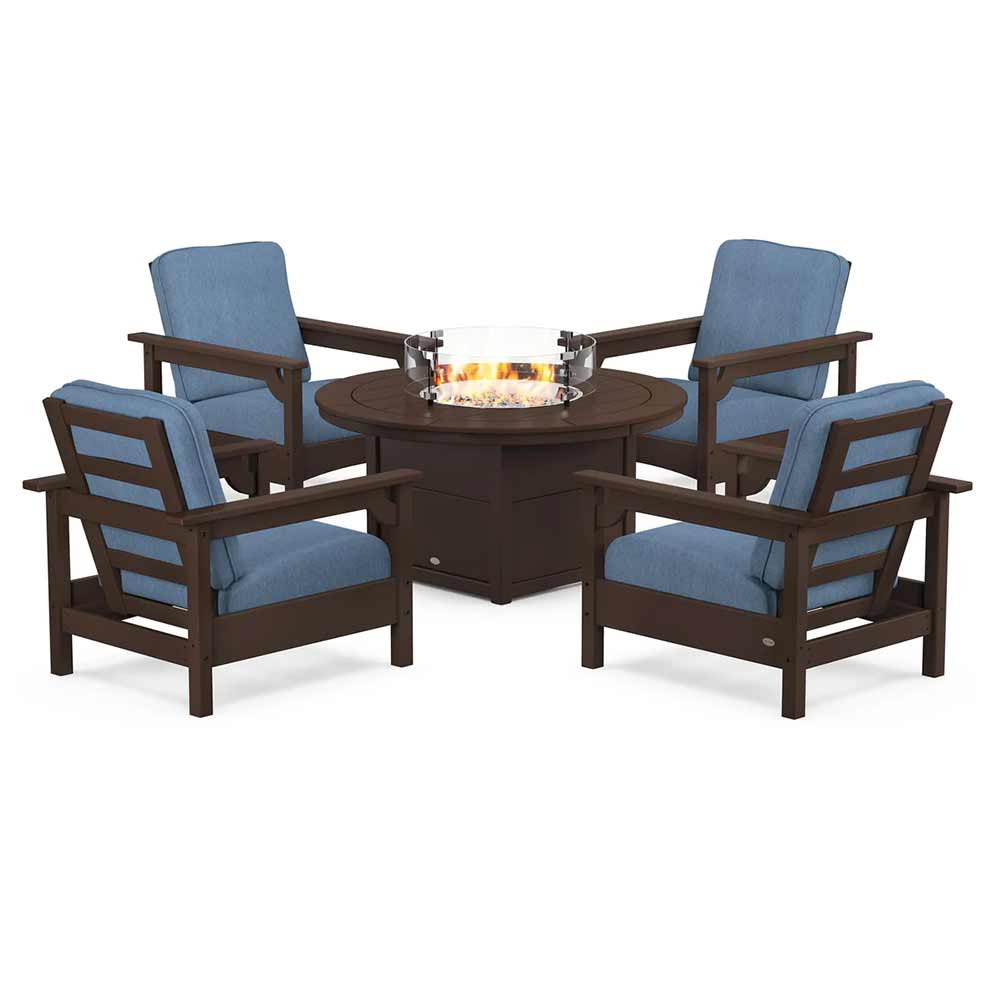 POLYWOOD® Fire Table Mahogany / Sky Blue POLYWOOD® - Club 5-Piece Conversation Set with Fire Pit Table - PWS416