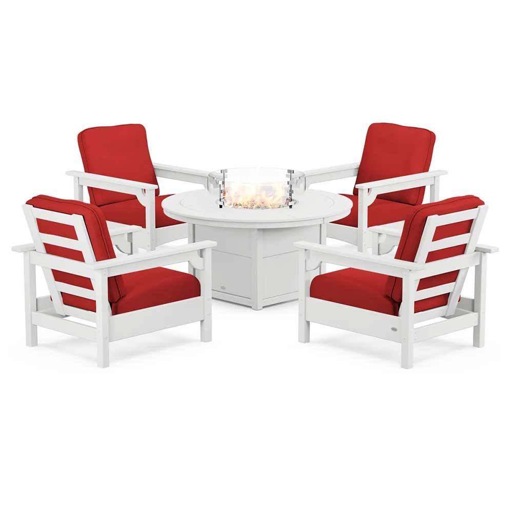 POLYWOOD® Fire Table White / Crimson Linen POLYWOOD® - Club 5-Piece Conversation Set with Fire Pit Table - PWS416
