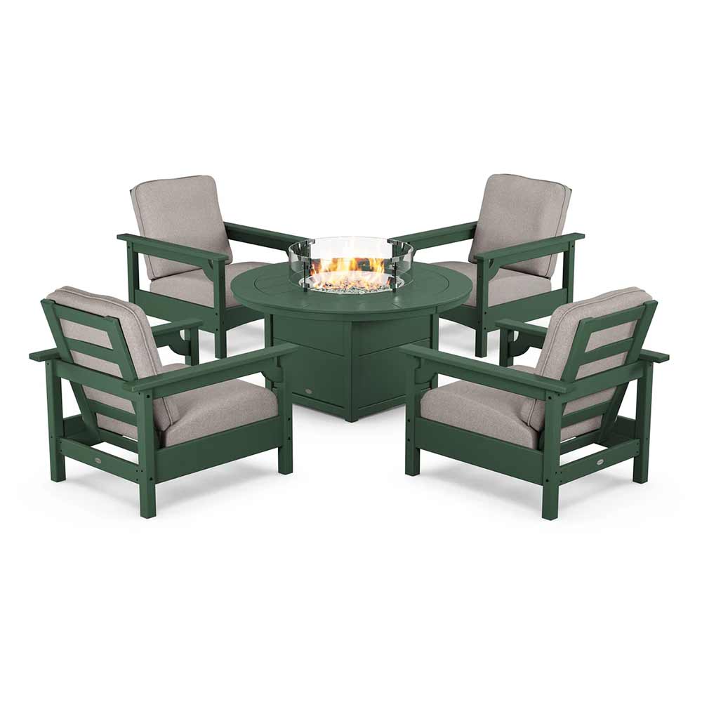 POLYWOOD® Fire Table Green / Weathered Tweed POLYWOOD® - Club 5-Piece Conversation Set with Fire Pit Table - PWS416