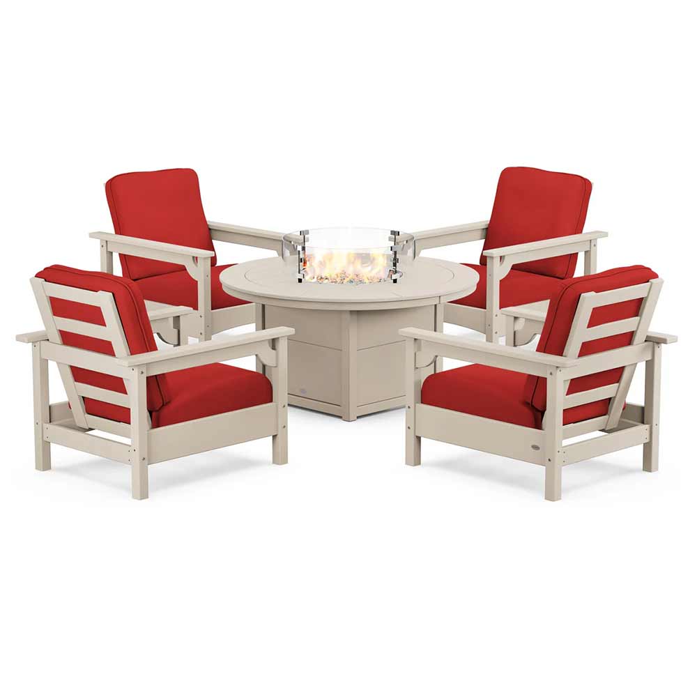 POLYWOOD® Fire Table Sand / Crimson Linen POLYWOOD® - Club 5-Piece Conversation Set with Fire Pit Table - PWS416