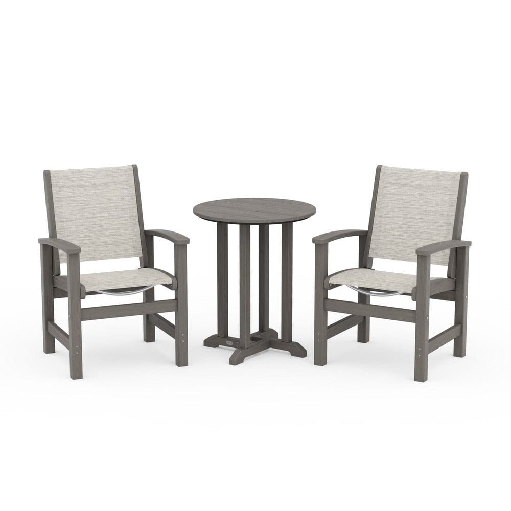 POLYWOOD® Outdoor Furniture Driftwood / Birch Sling POLYWOOD® - Coastal 3-Piece Round Bistro Dining Set - PWS1294