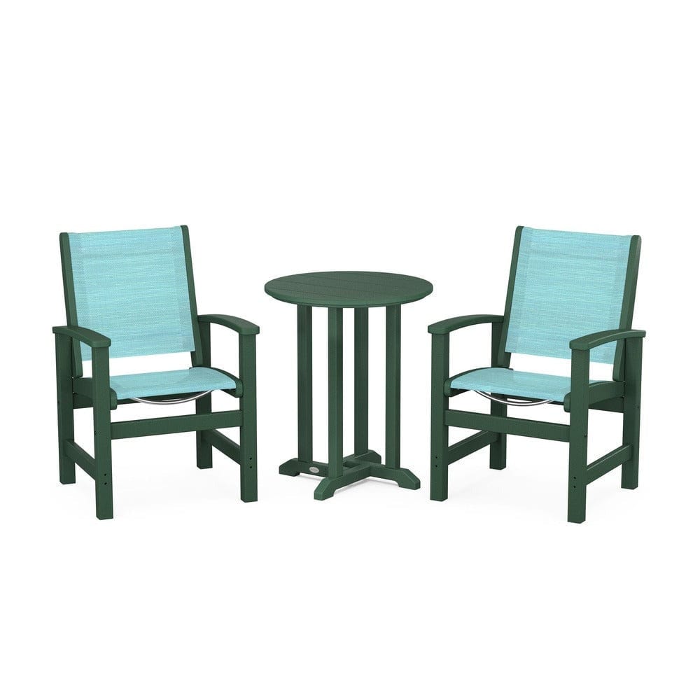 POLYWOOD® Outdoor Furniture Green / Dupioni Aquamarine Sling POLYWOOD® - Coastal 3-Piece Round Bistro Dining Set - PWS1294