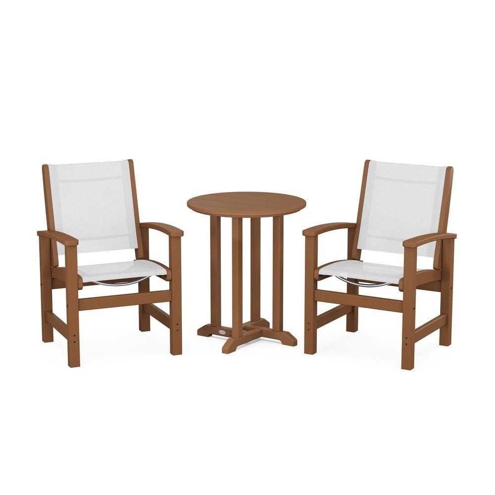 POLYWOOD® Outdoor Furniture Teak / White Sling POLYWOOD® - Coastal 3-Piece Round Bistro Dining Set - PWS1294