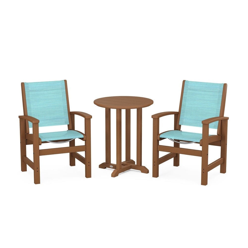 POLYWOOD® Outdoor Furniture Teak / Dupioni Aquamarine Sling POLYWOOD® - Coastal 3-Piece Round Bistro Dining Set - PWS1294