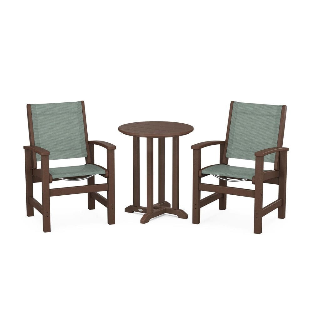 POLYWOOD® Outdoor Furniture Mahogany / Dupioni Sea Mist Sling POLYWOOD® - Coastal 3-Piece Round Bistro Dining Set - PWS1294