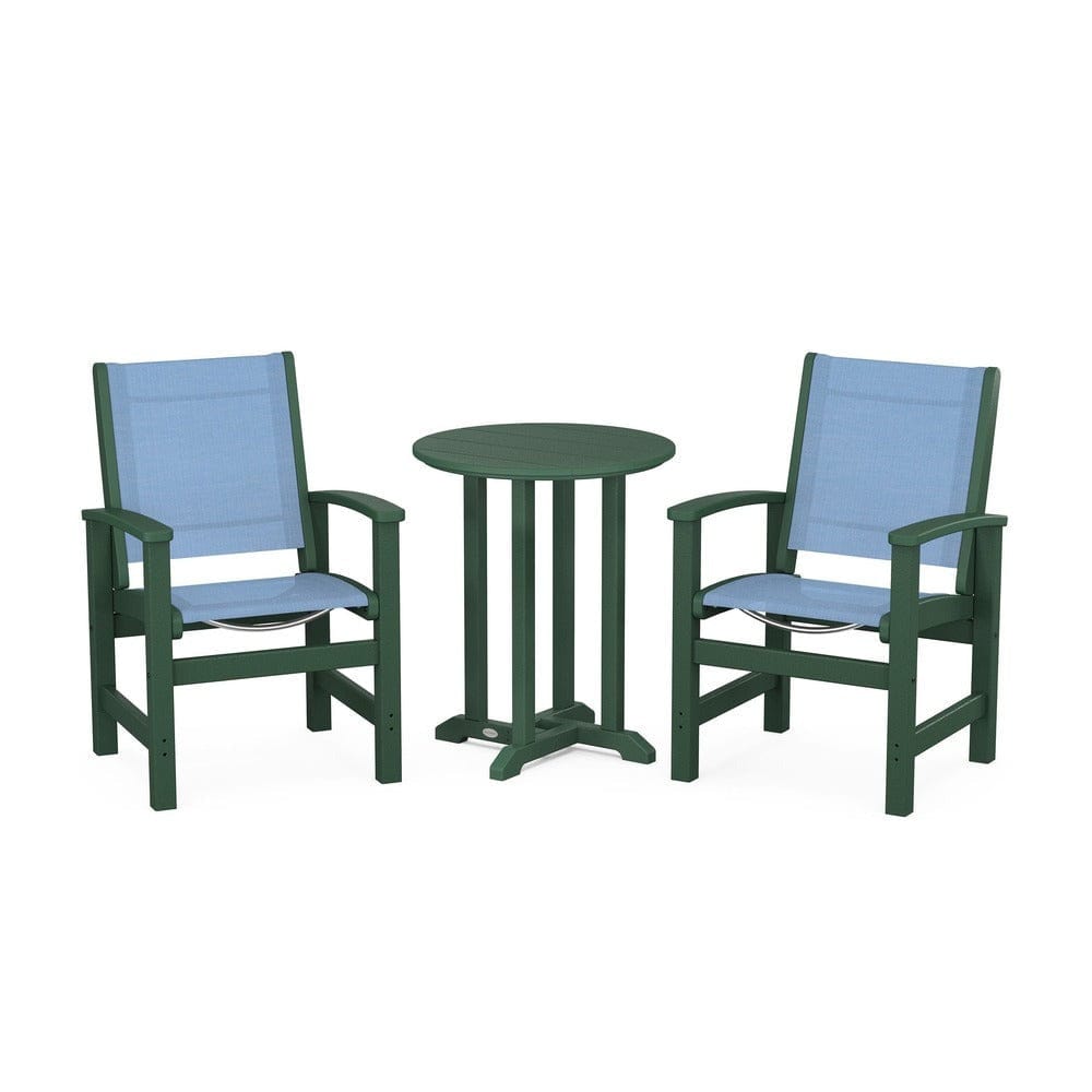 POLYWOOD® Outdoor Furniture Green / Poolside Sling POLYWOOD® - Coastal 3-Piece Round Bistro Dining Set - PWS1294