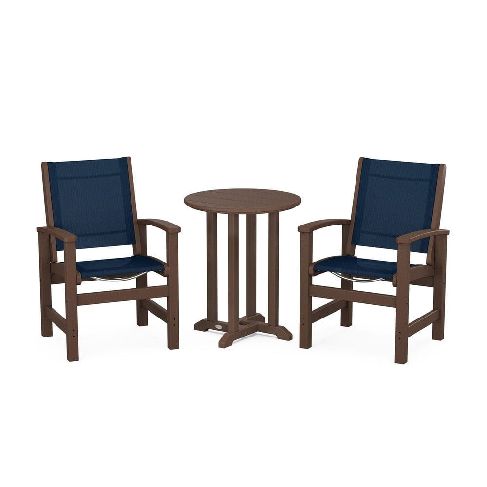 POLYWOOD® Outdoor Furniture Mahogany / Navy Blue Sling POLYWOOD® - Coastal 3-Piece Round Bistro Dining Set - PWS1294