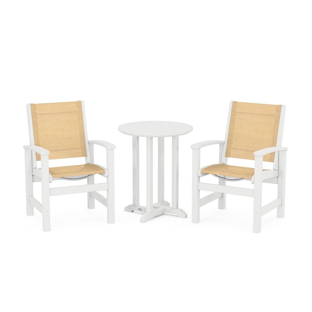 POLYWOOD® Outdoor Furniture White / Dupioni Apricot Sling POLYWOOD® - Coastal 3-Piece Round Bistro Dining Set - PWS1294