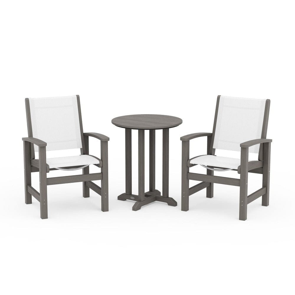 POLYWOOD® Outdoor Furniture Driftwood / White Sling POLYWOOD® - Coastal 3-Piece Round Bistro Dining Set - PWS1294