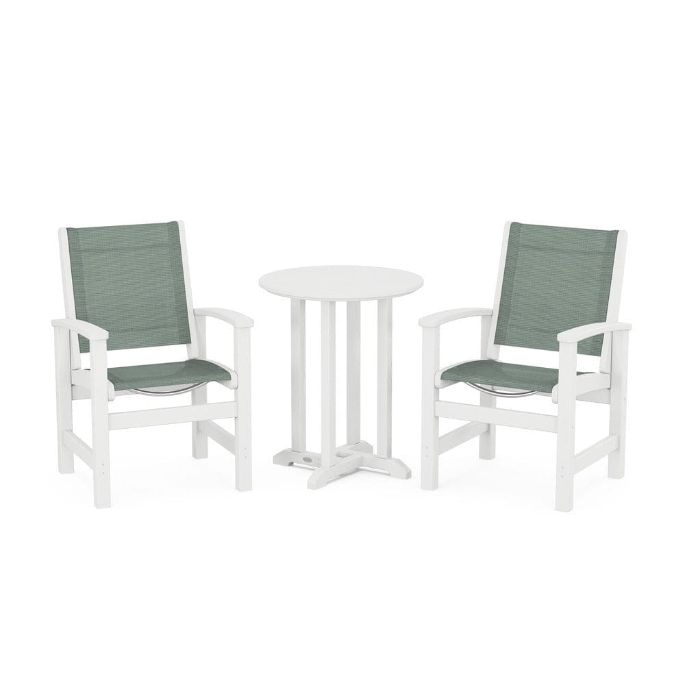 POLYWOOD® Outdoor Furniture White / Dupioni Sea Mist Sling POLYWOOD® - Coastal 3-Piece Round Bistro Dining Set - PWS1294