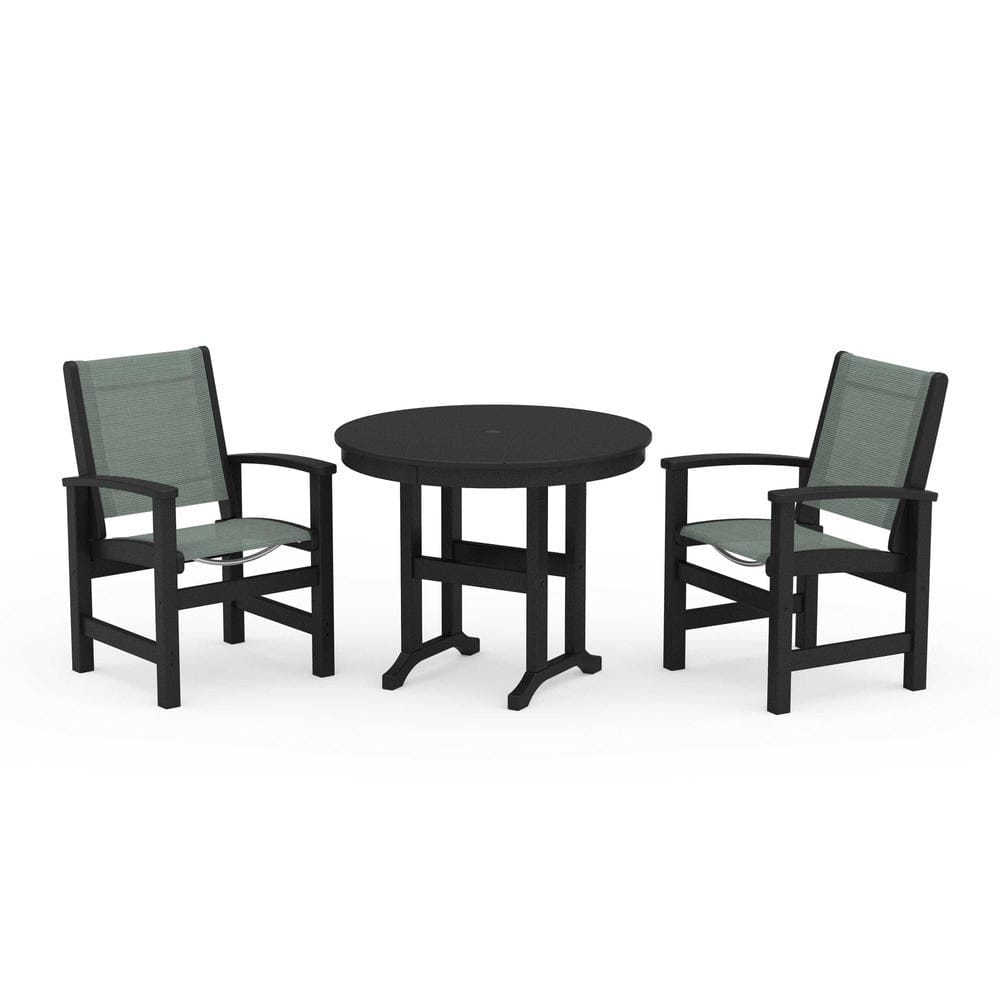 POLYWOOD® Outdoor Furniture Black / Dupioni Sea Mist Sling POLYWOOD® - Coastal 3-Piece Round Dining Set - PWS1327