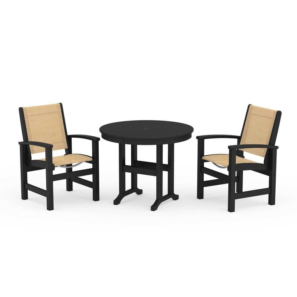 POLYWOOD® Outdoor Furniture Black / Dupioni Apricot Sling POLYWOOD® - Coastal 3-Piece Round Dining Set - PWS1327