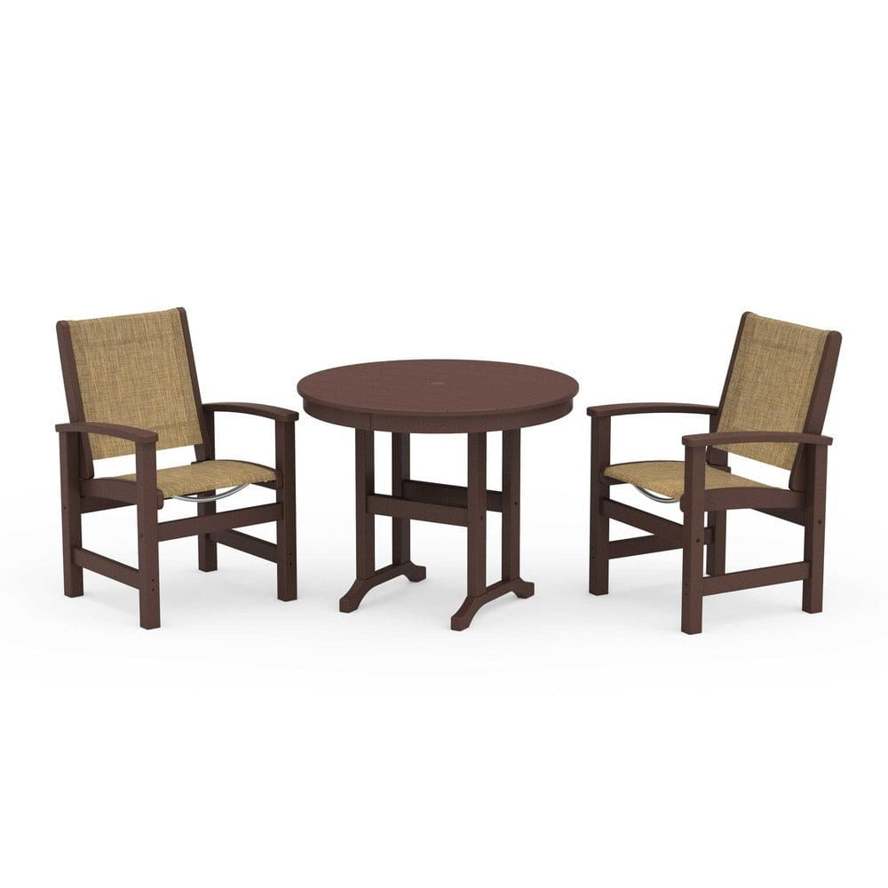 POLYWOOD® Outdoor Furniture Mahogany / Burlap Sling POLYWOOD® - Coastal 3-Piece Round Dining Set - PWS1327