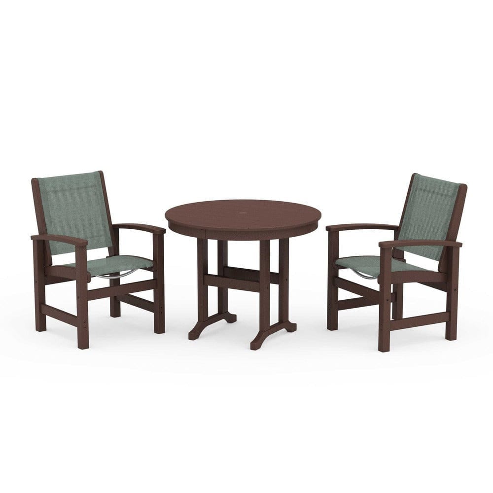 POLYWOOD® Outdoor Furniture Mahogany / Dupioni Sea Mist Sling POLYWOOD® - Coastal 3-Piece Round Dining Set - PWS1327