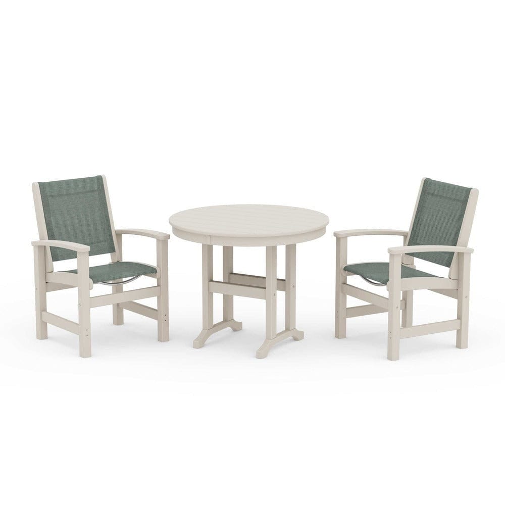 POLYWOOD® Outdoor Furniture Sand / Dupioni Sea Mist Sling POLYWOOD® - Coastal 3-Piece Round Dining Set - PWS1327