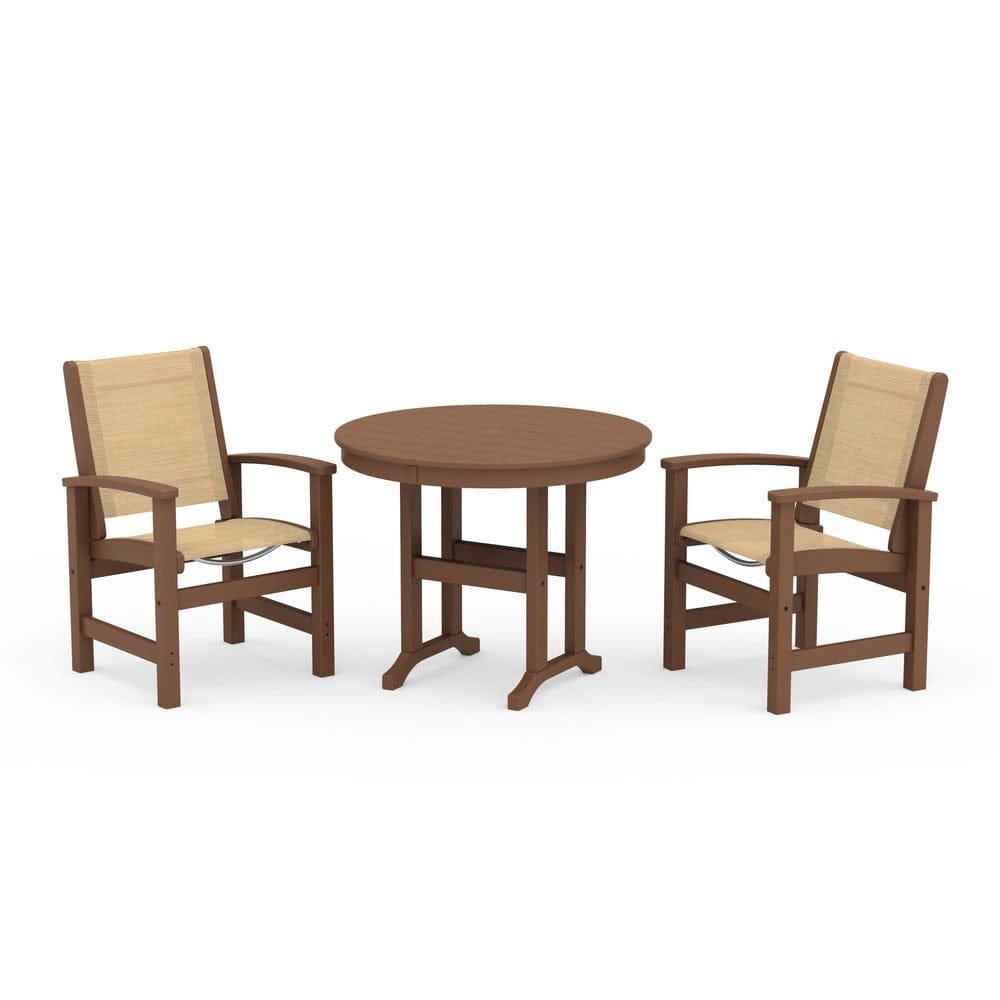 POLYWOOD® Outdoor Furniture Teak / Dupioni Apricot Sling POLYWOOD® - Coastal 3-Piece Round Dining Set - PWS1327