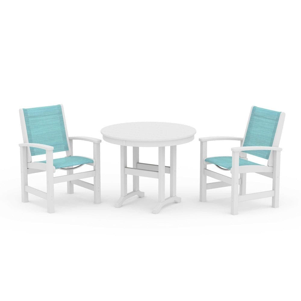 POLYWOOD® Outdoor Furniture White / Dupioni Aquamarine Sling POLYWOOD® - Coastal 3-Piece Round Dining Set - PWS1327