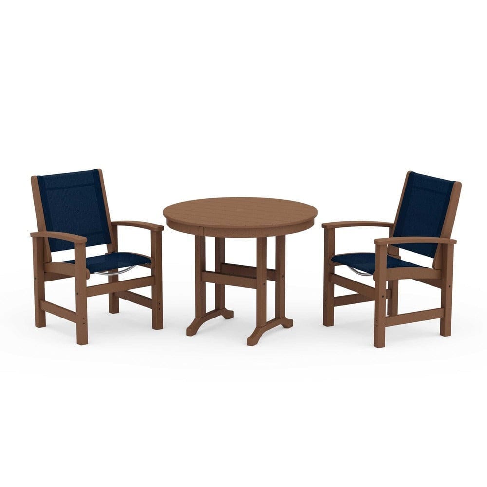 POLYWOOD® Outdoor Furniture Teak / Navy Blue Sling POLYWOOD® - Coastal 3-Piece Round Dining Set - PWS1327