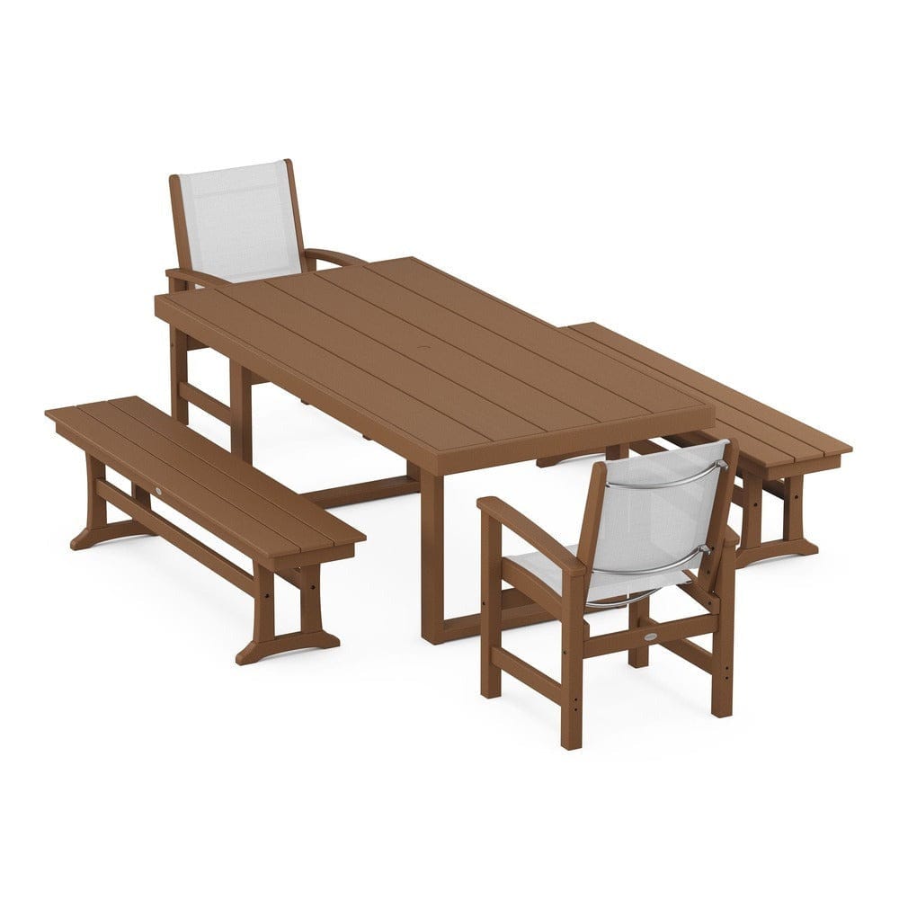 POLYWOOD® Outdoor Furniture Teak / White Sling POLYWOOD® - Coastal 5-Piece Dining Set with Trestle Legs - PWS870