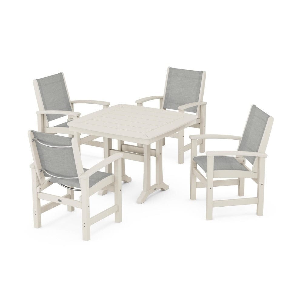 POLYWOOD® Outdoor Furniture Sand / Metallic Sling POLYWOOD® - Coastal 5-Piece Dining Set with Trestle Legs - PWS966