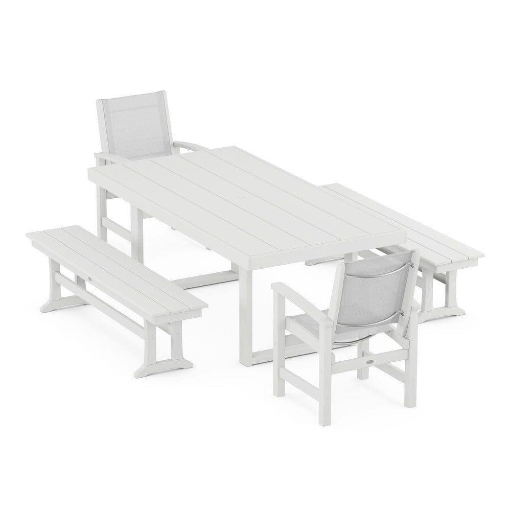 POLYWOOD® Outdoor Furniture White / White Sling POLYWOOD® - Coastal 5-Piece Dining Set with Trestle Legs - PWS870