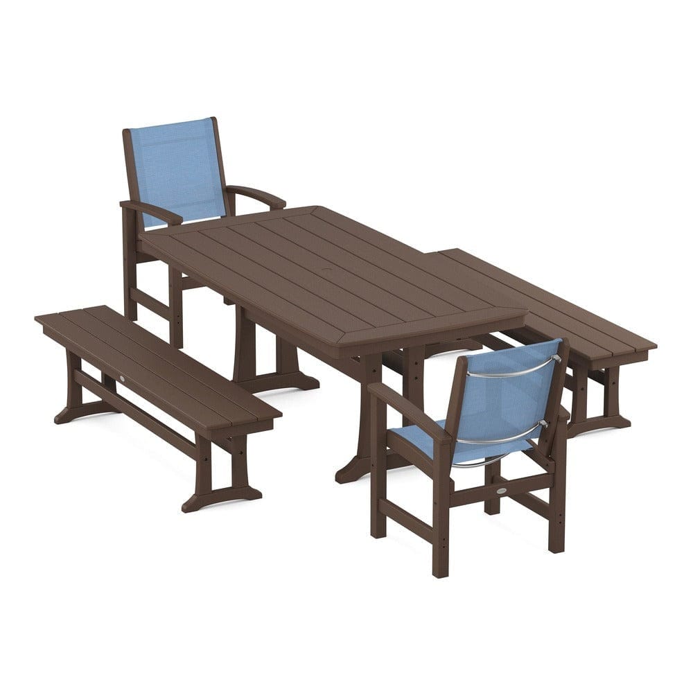POLYWOOD® Outdoor Furniture Mahogany / Poolside Sling POLYWOOD® - Coastal 5-Piece Dining Set with Trestle Legs and Benches - PWS1036