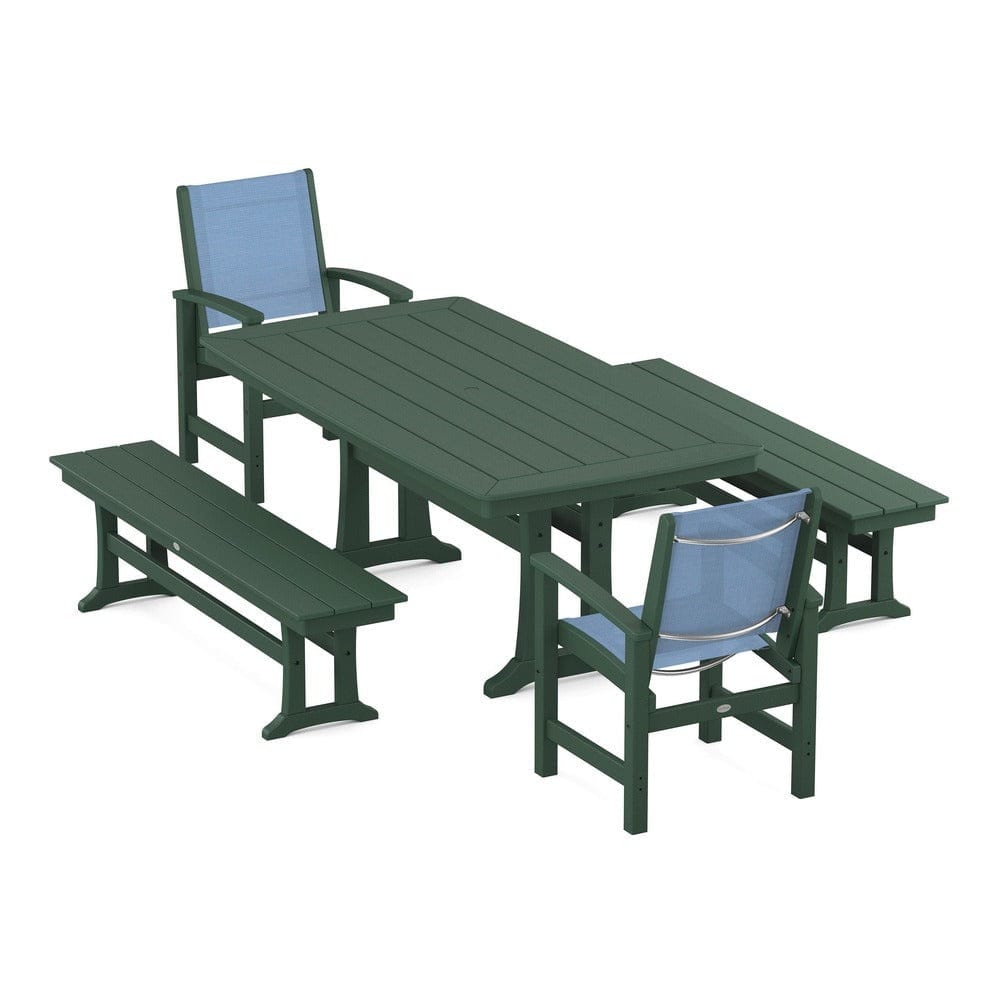 POLYWOOD® Outdoor Furniture Green / Poolside Sling POLYWOOD® - Coastal 5-Piece Dining Set with Trestle Legs and Benches - PWS1036