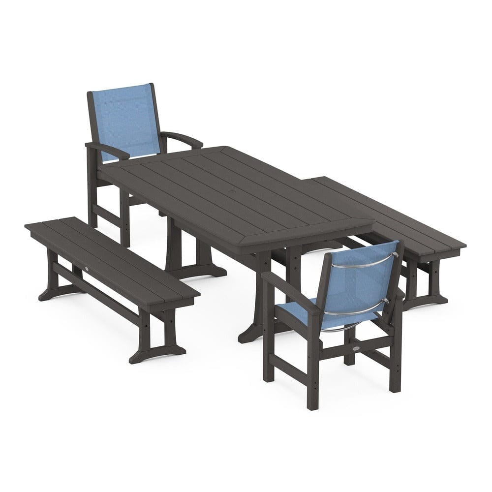 POLYWOOD® - Coastal 5-Piece Dining Set with Trestle Legs and Benches - PWS1036 Outdoor Furniture POLYWOOD®
