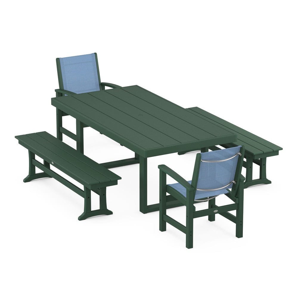 POLYWOOD® Outdoor Furniture Green / Poolside Sling POLYWOOD® - Coastal 5-Piece Dining Set with Trestle Legs - PWS870