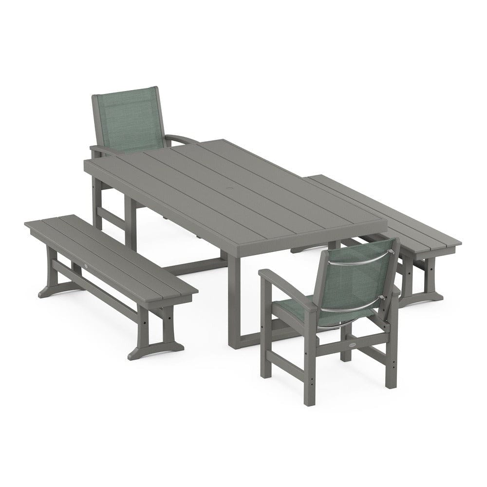 POLYWOOD® Outdoor Furniture Slate Grey / Dupioni Sea Mist Sling POLYWOOD® - Coastal 5-Piece Dining Set with Trestle Legs - PWS870