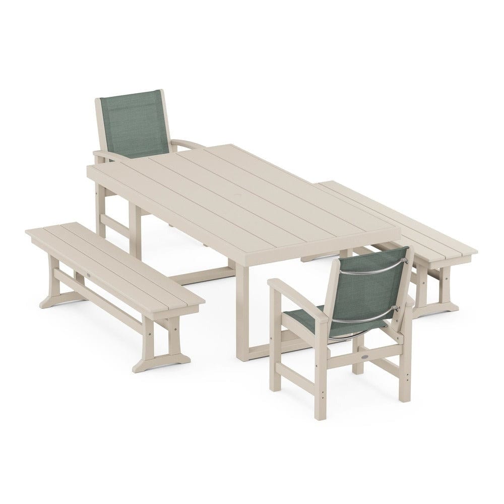 POLYWOOD® Outdoor Furniture Sand / Dupioni Sea Mist Sling POLYWOOD® - Coastal 5-Piece Dining Set with Trestle Legs - PWS870