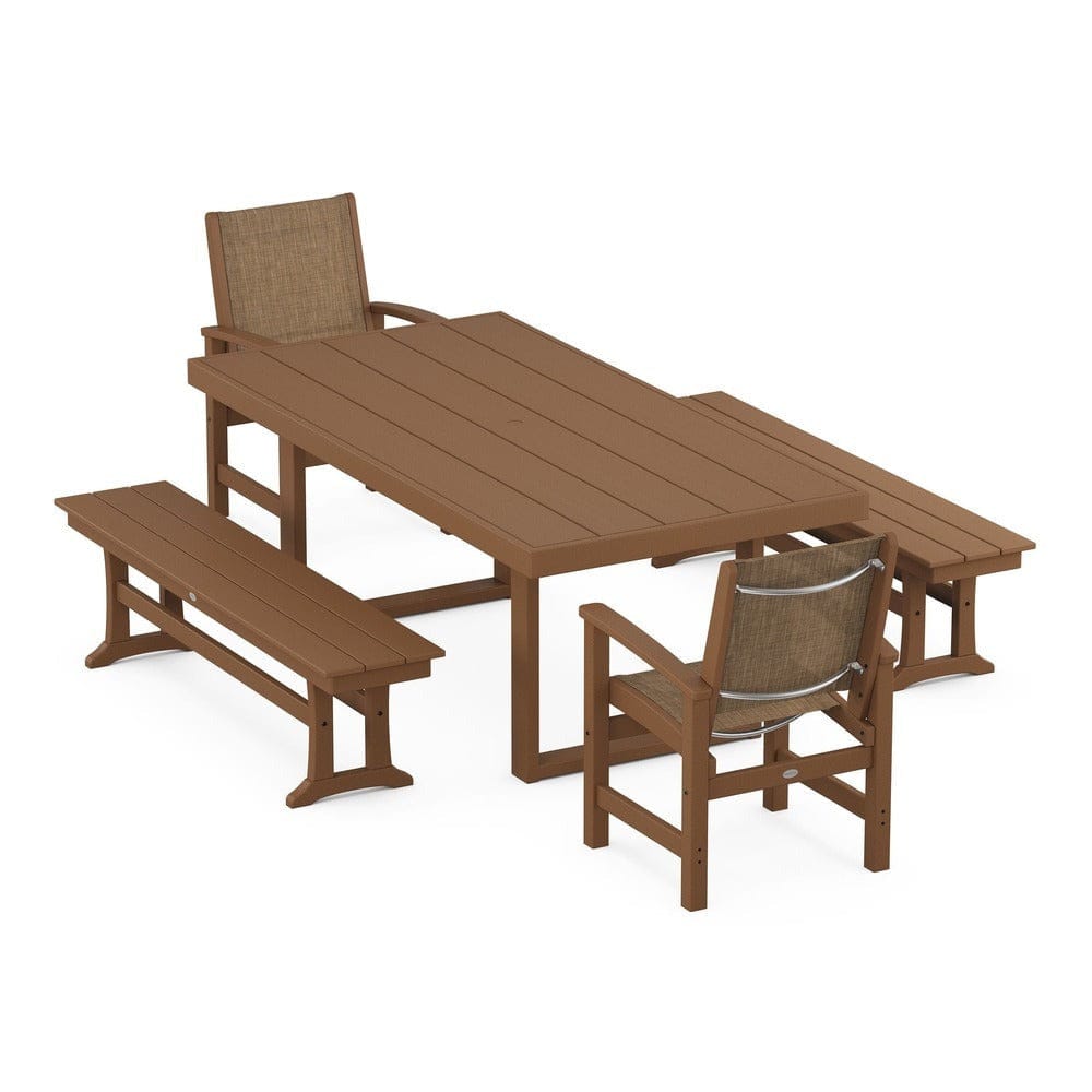 POLYWOOD® Outdoor Furniture Teak / Burlap Sling POLYWOOD® - Coastal 5-Piece Dining Set with Trestle Legs - PWS870