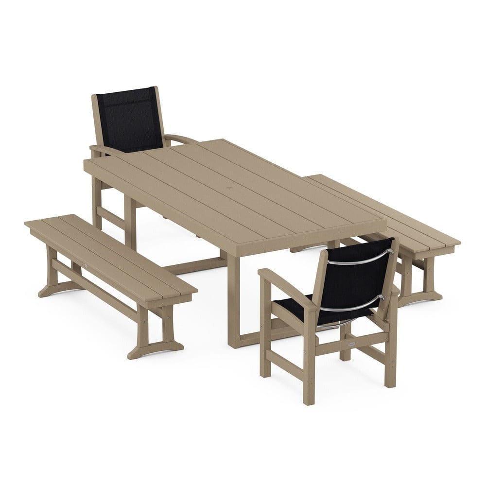 POLYWOOD® Outdoor Furniture Vintage Sahara / Black Sling POLYWOOD® - Coastal 5-Piece Dining Set with Trestle Legs - PWS870