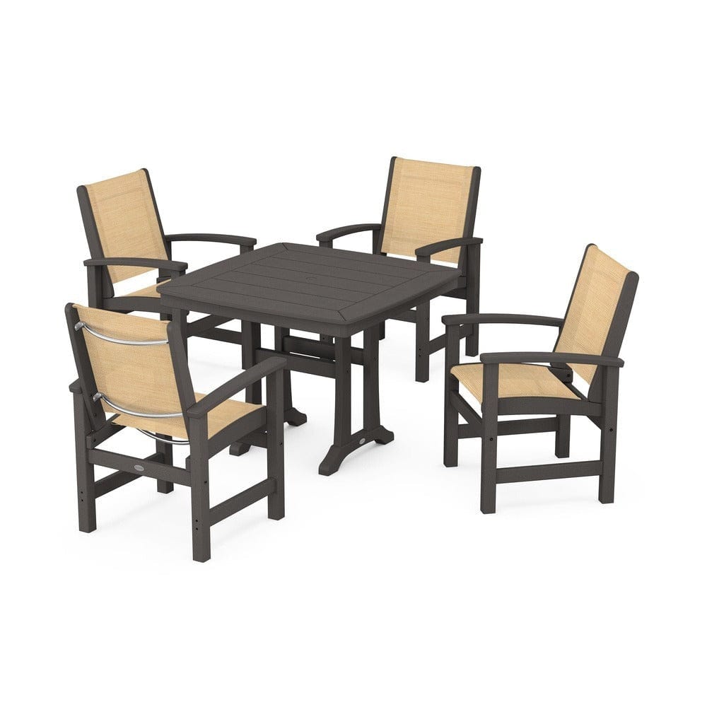 POLYWOOD® Outdoor Furniture Vintage Coffee / Dupioni Apricot Sling POLYWOOD® - Coastal 5-Piece Dining Set with Trestle Legs - PWS966