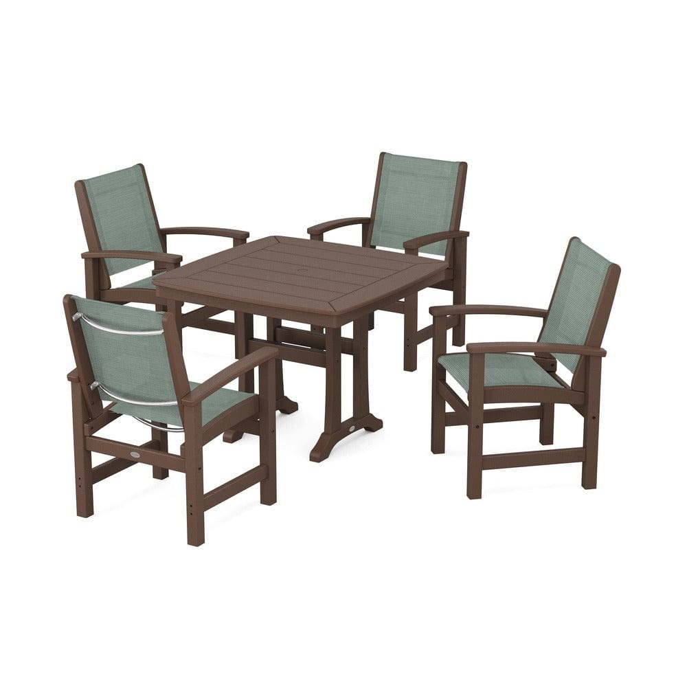 POLYWOOD® Outdoor Furniture Mahogany / Dupioni Sea Mist Sling POLYWOOD® - Coastal 5-Piece Dining Set with Trestle Legs - PWS966