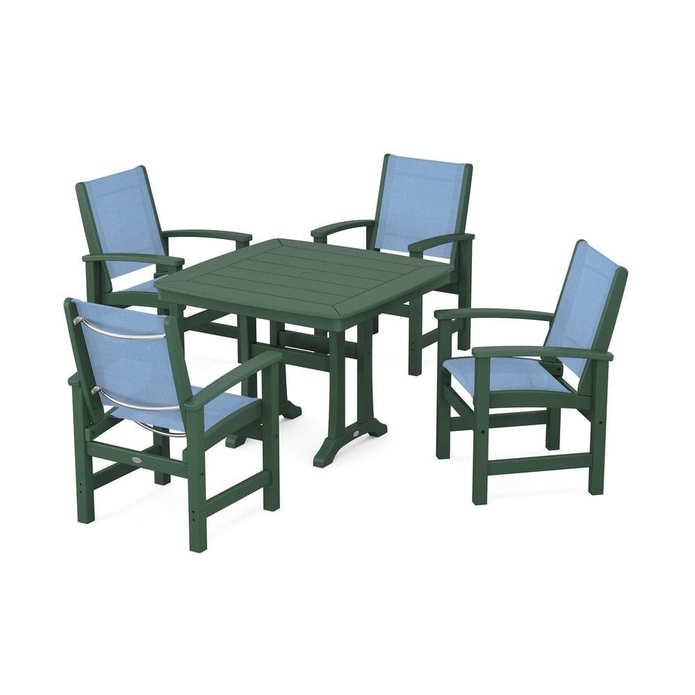 POLYWOOD® Outdoor Furniture Green / Poolside Sling POLYWOOD® - Coastal 5-Piece Dining Set with Trestle Legs - PWS966