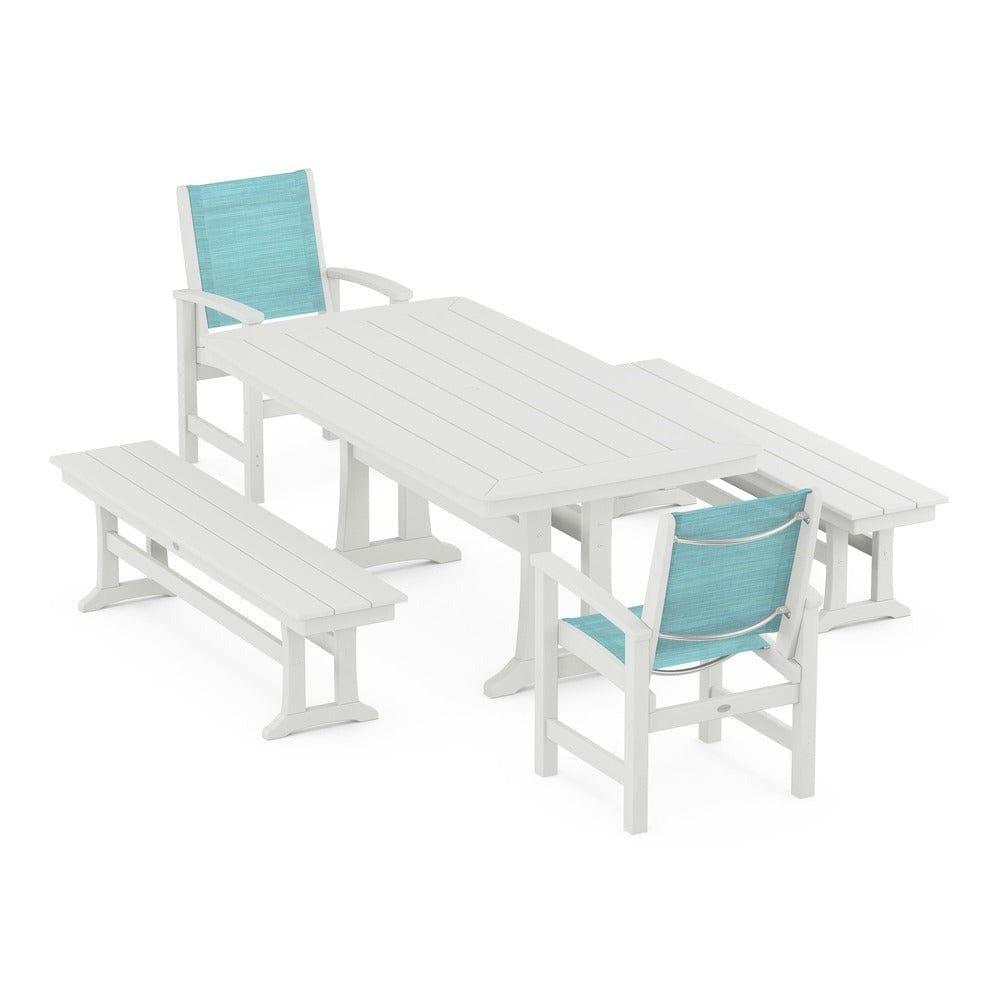 POLYWOOD® Outdoor Furniture POLYWOOD® - Coastal 5-Piece Dining Set with Trestle Legs and Benches - PWS1036