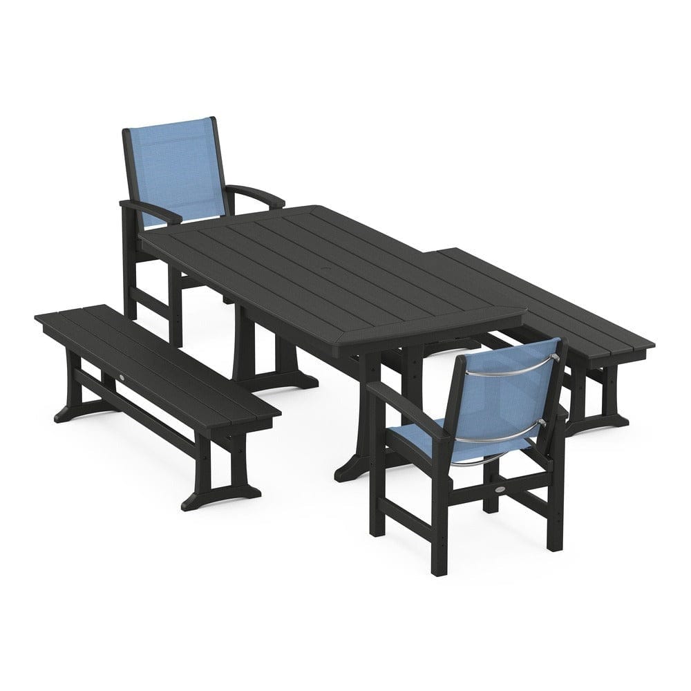 POLYWOOD® Outdoor Furniture Black / Poolside Sling POLYWOOD® - Coastal 5-Piece Dining Set with Trestle Legs and Benches - PWS1036