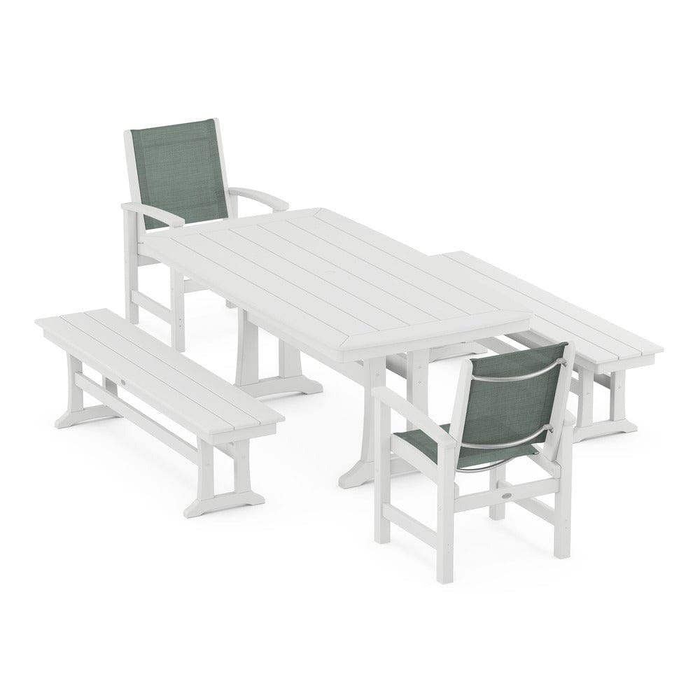 POLYWOOD® Outdoor Furniture White / Dupioni Sea Mist Sling POLYWOOD® - Coastal 5-Piece Dining Set with Trestle Legs and Benches - PWS1036