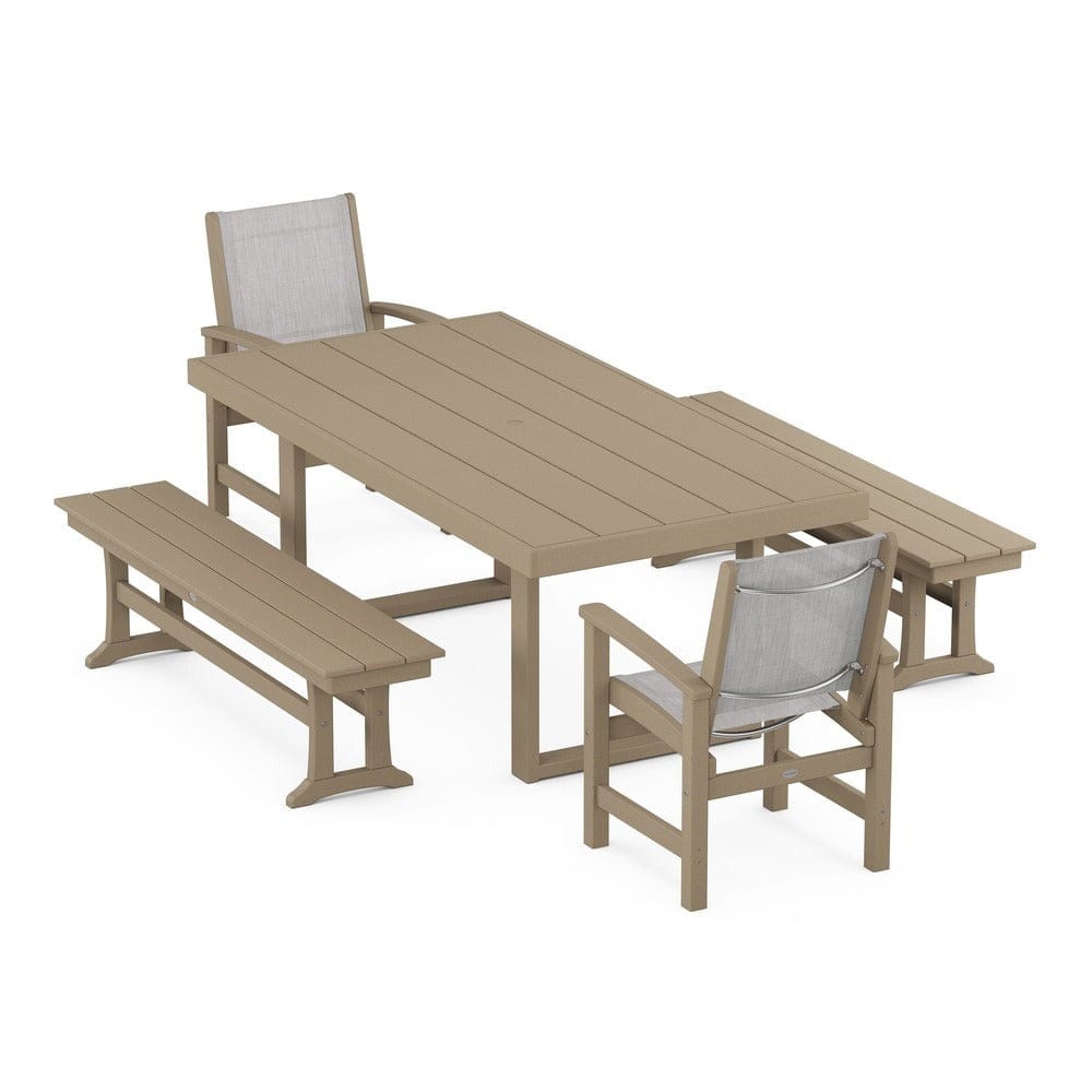 POLYWOOD® Outdoor Furniture Vintage Sahara / Parchment Sling POLYWOOD® - Coastal 5-Piece Dining Set with Trestle Legs - PWS870