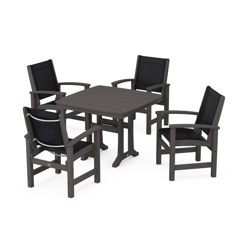 POLYWOOD® Outdoor Furniture Vintage Coffee / Black Sling POLYWOOD® - Coastal 5-Piece Dining Set with Trestle Legs - PWS966