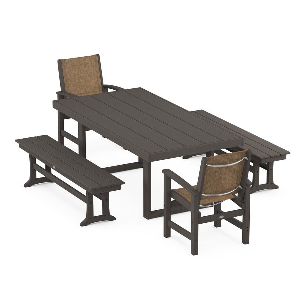 POLYWOOD® Outdoor Furniture Vintage Coffee / Burlap Sling POLYWOOD® - Coastal 5-Piece Dining Set with Trestle Legs - PWS870