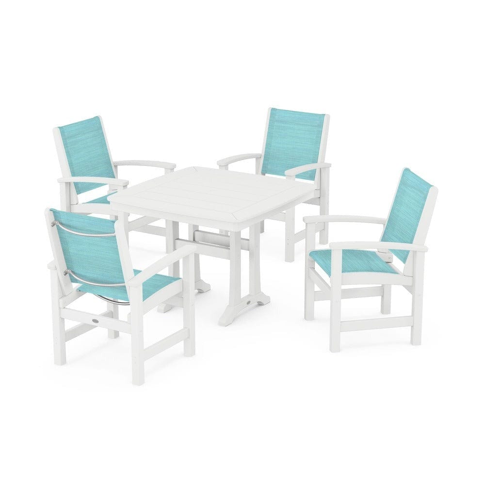 POLYWOOD® Outdoor Furniture White / Dupioni Aquamarine Sling POLYWOOD® - Coastal 5-Piece Dining Set with Trestle Legs - PWS966