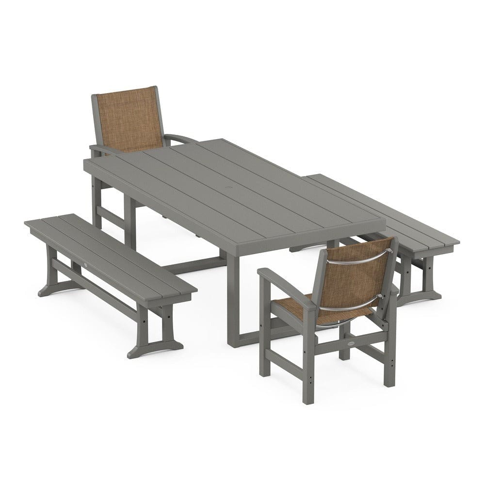POLYWOOD® Outdoor Furniture Slate Grey / Burlap Sling POLYWOOD® - Coastal 5-Piece Dining Set with Trestle Legs - PWS870