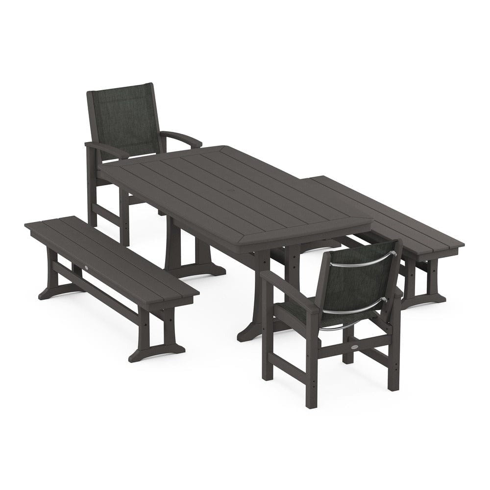 POLYWOOD® Outdoor Furniture Vintage Coffee / Ember Sling POLYWOOD® - Coastal 5-Piece Dining Set with Trestle Legs and Benches - PWS1036