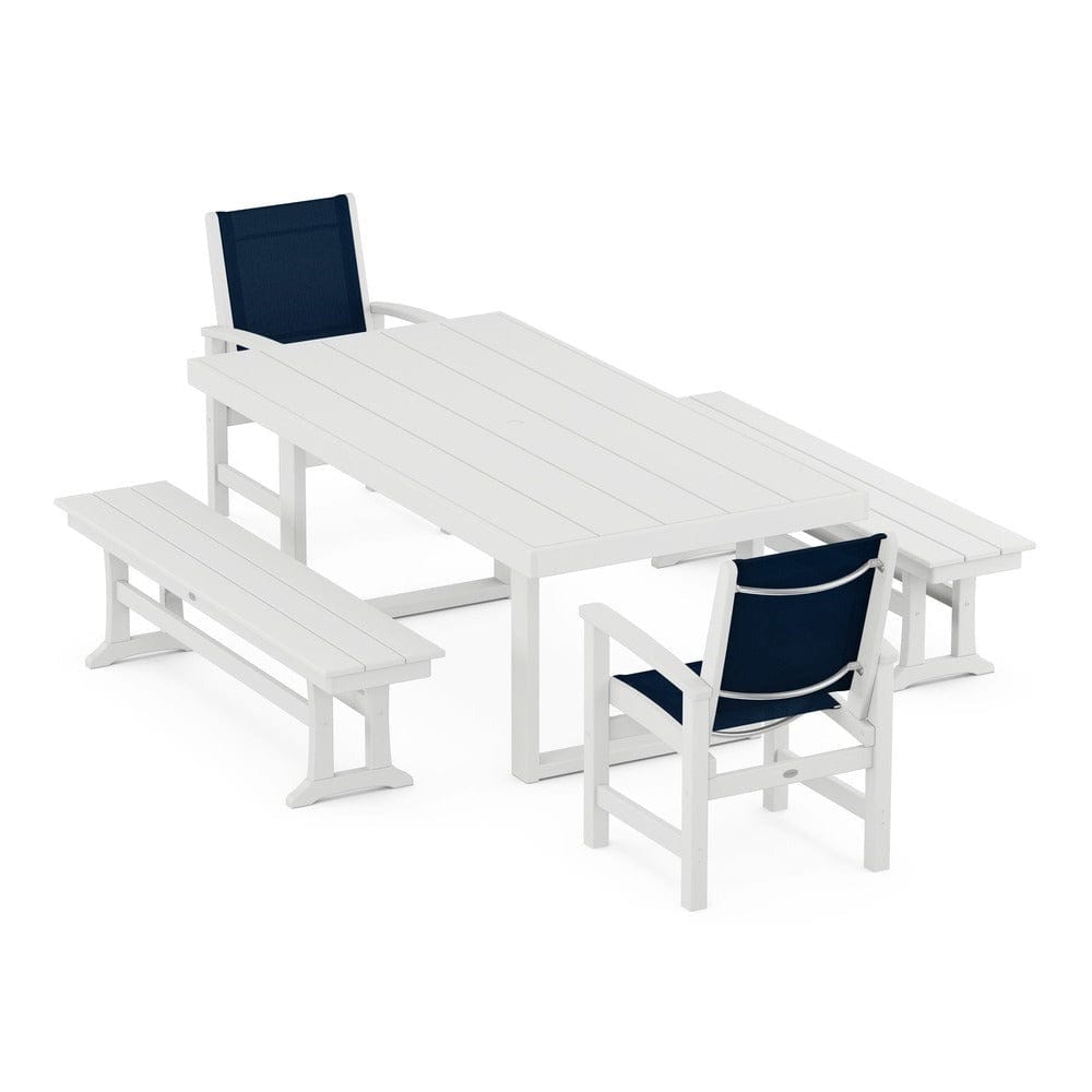 POLYWOOD® Outdoor Furniture White / Navy Blue Sling POLYWOOD® - Coastal 5-Piece Dining Set with Trestle Legs - PWS870
